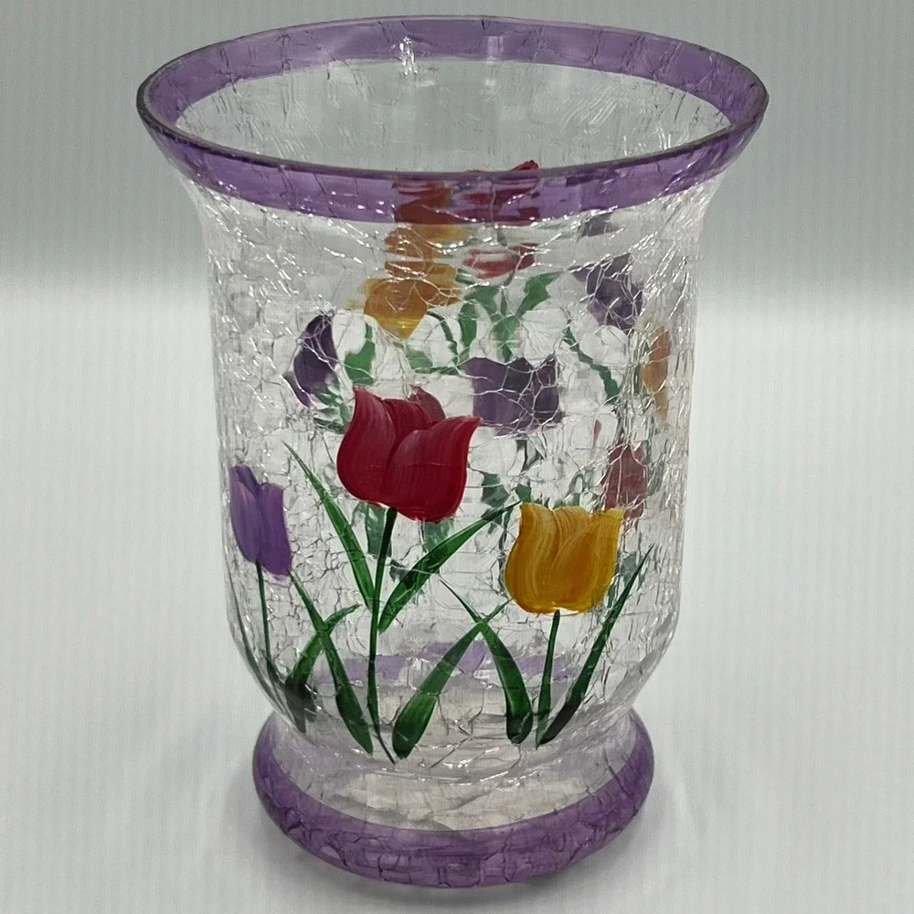 Bachman's‎ Tulip Crackle Glass Hurricane Vase Purple Yellow Red Brand New Floral